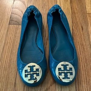 Tory Burch teal& gold flats